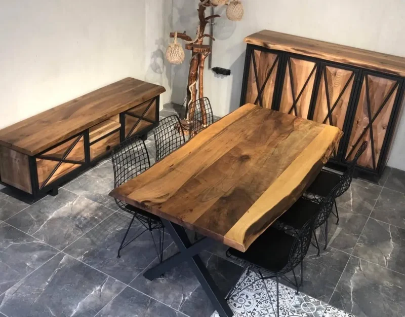 Kütük Masa Yemek Odası Takımı – Metal Ayaklı Modern Tasarım - Görsel 1