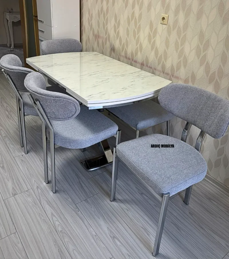 Mermer Desenli Metal Ayaklı Açılır Mutfak Masası Takımı - Görsel 1