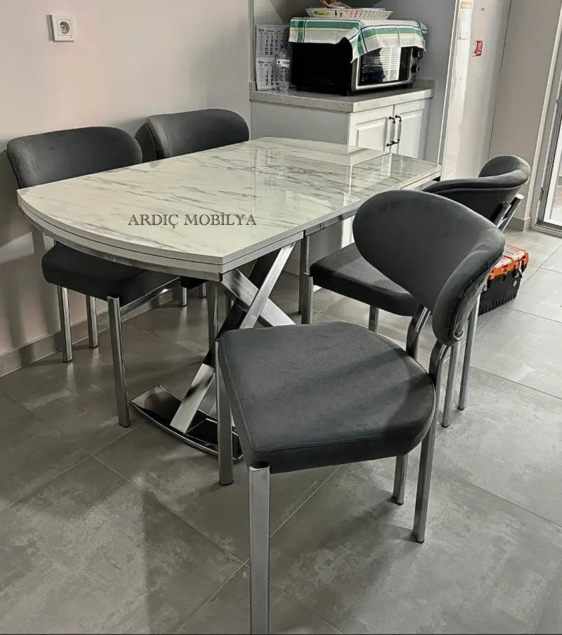 Mermer Desenli Metal Ayaklı Açılır Yemek Masası Takımı - Görsel 1