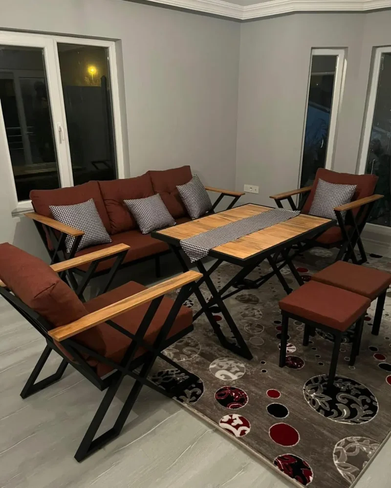 Metal Ayaklı Bahçe Balkon Oturma Grubu – Bordo Minderli - Görsel 1